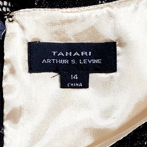 Tahari ASL Black Lace Sequin Dress Shimmery Gold Lining Fit & Flare - Picture 4 of 5